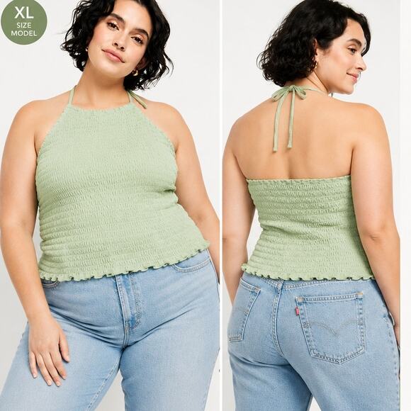 Old Navy Tops - Old Navy Halter Top XL 1X Sage Green Smocked Stretch Y2K Retro Boho Festival